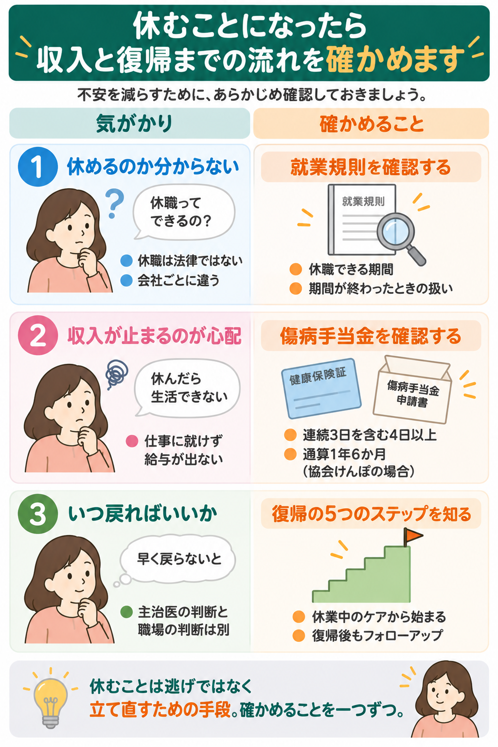 休むことになったら収入と復帰までの流れを確かめます